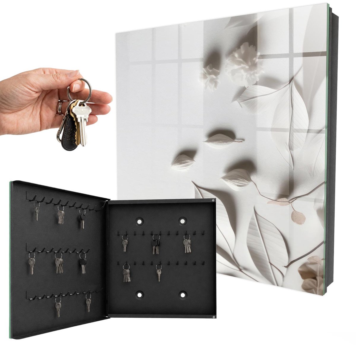 WallMuralia - Sleutelkast - 30x30x5 cm - met 50 haken - Witte Bladeren Groot Sleutelkastje - Wit Sleutelbox - Linksopenend - Zwart interieur