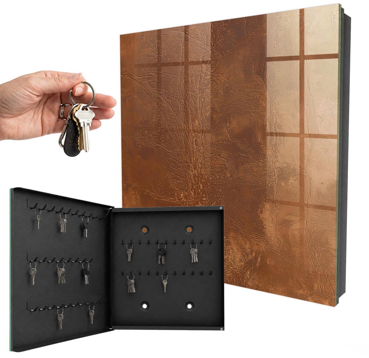 WallMuralia - Sleutelkast - 30x30x5 cm - met 50 haken - Huidtextuur Sleutelkastje Klein - Bruin Sleutelbox - Linksopenend - Zwart interieur
