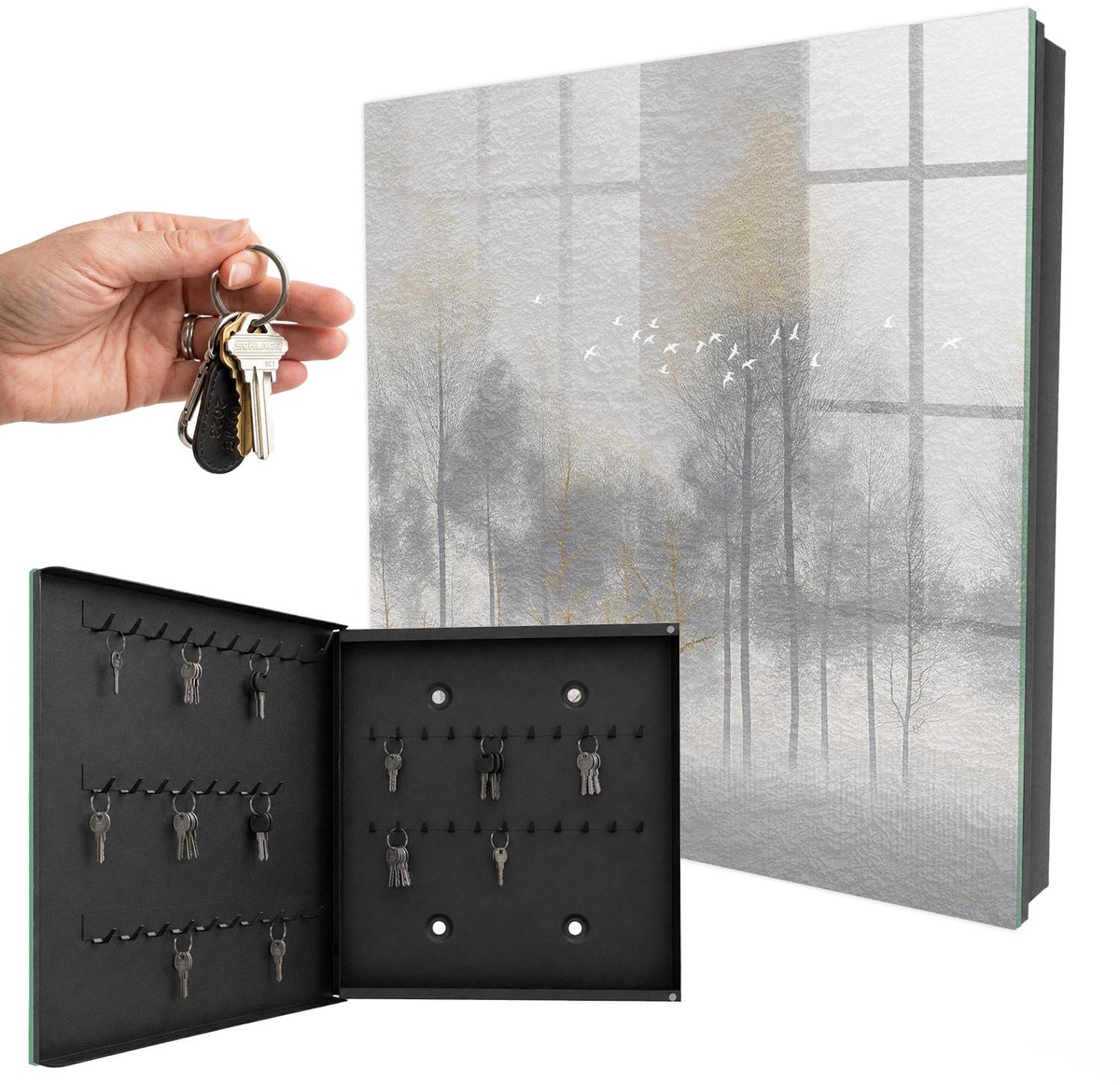 WallMuralia - Sleutelkast - 30x30x5 cm - met 50 haken - Nevelbos Sleutelkastje Huis - Grijs Sleutelbox - Linksopenend - Zwart interieur