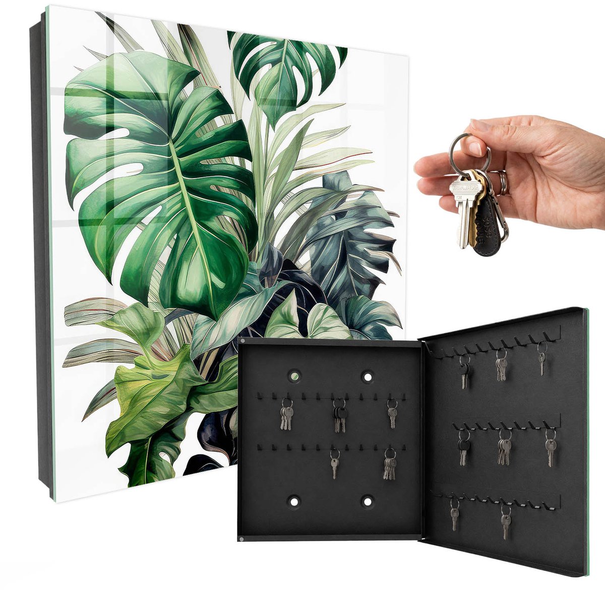 WallMuralia - Sleutelkast - 30x30x5 cm - met 50 haken - Exotische Bladeren Sleutelkastje Voor Binnen - Groente Sleutelbox - Rechtsopenend - Zwart interieur