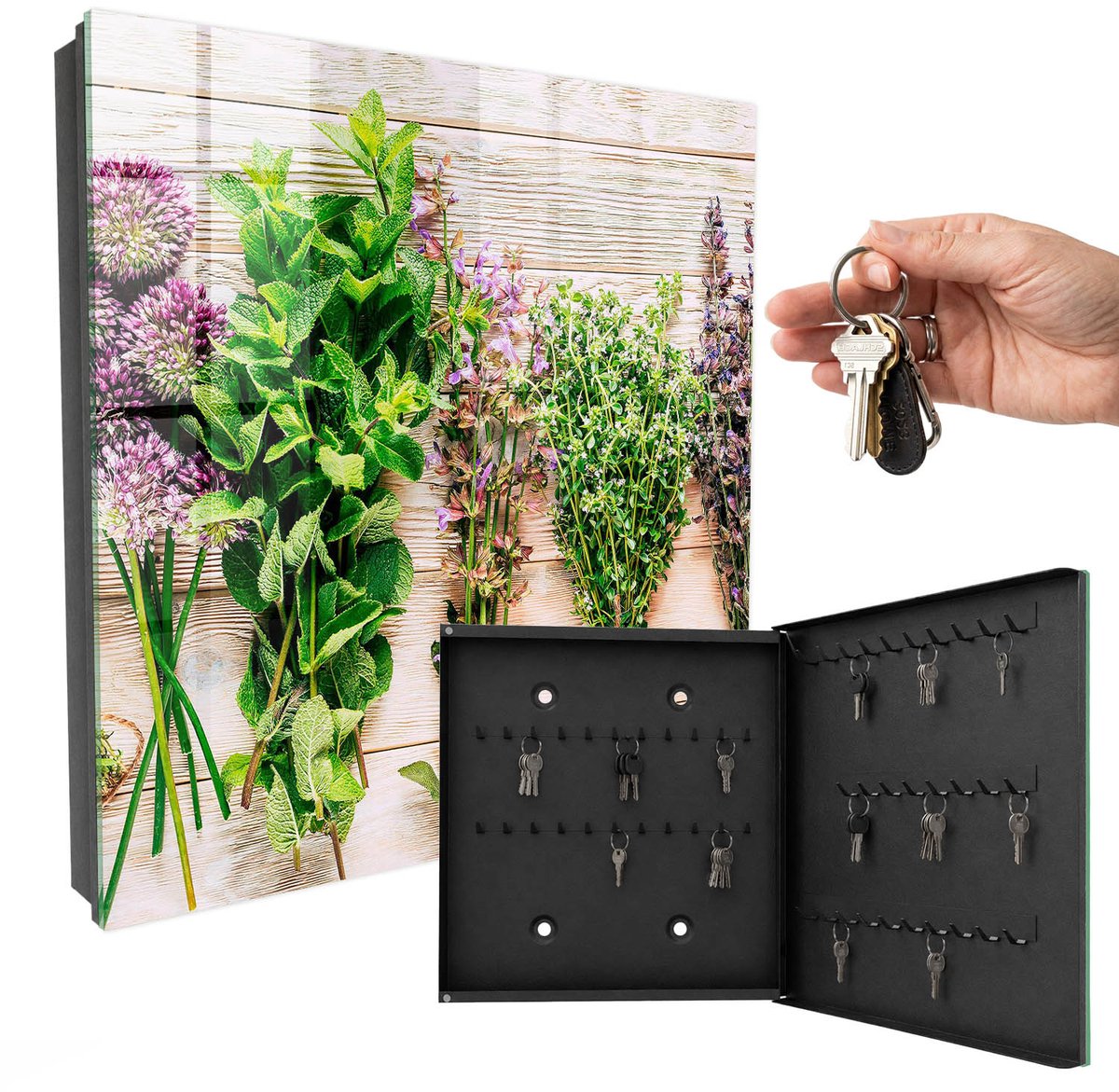WallMuralia - Sleutelkast - 30x30x5 cm - met 50 haken - Groene Kruiden Leuk Sleutelkastje - Groente Sleutelbox - Rechtsopenend - Zwart interieur