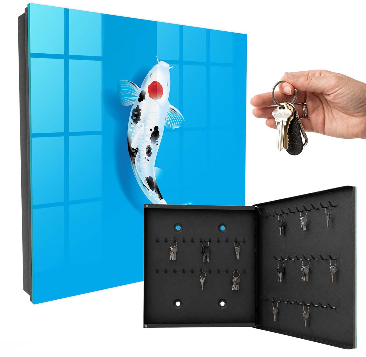 WallMuralia - Sleutelkast - 30x30x5 cm - met 50 haken - Koi-Vis Design Sleutelkastje - Blauw Sleutelbox - Rechtsopenend - Zwart interieur
