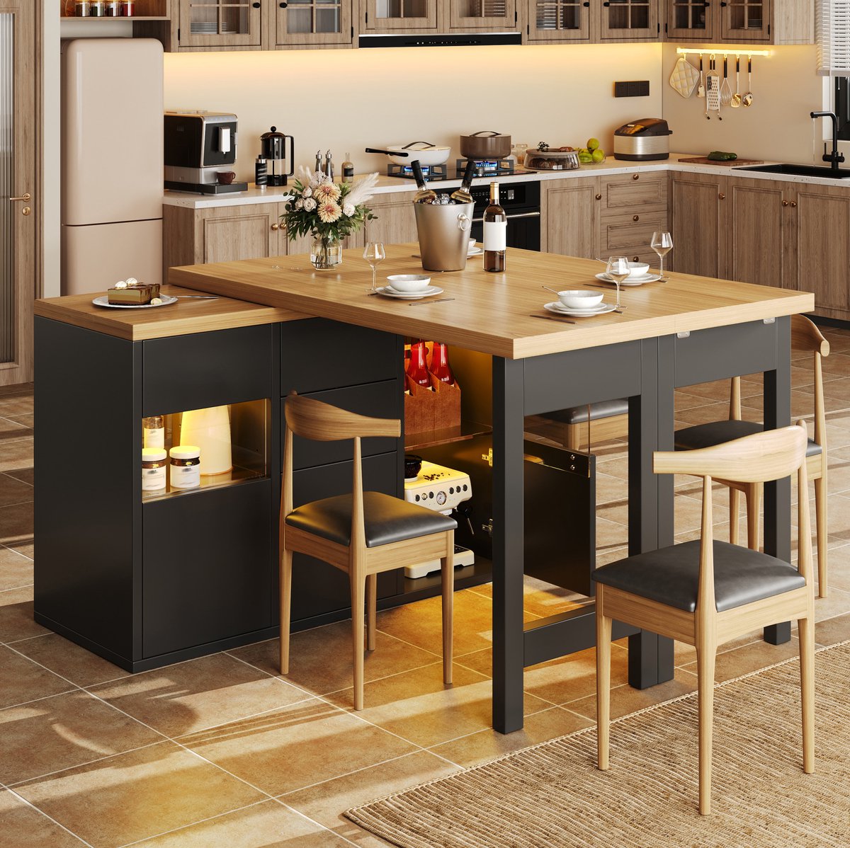 MIVRAY Keukenisland Eettafel Met Draaibaar Uittrekblad Meerkleurige Led Glazen Deuren Vier Lades Verstelbare Planken Zwart Hout 120 197 Cm