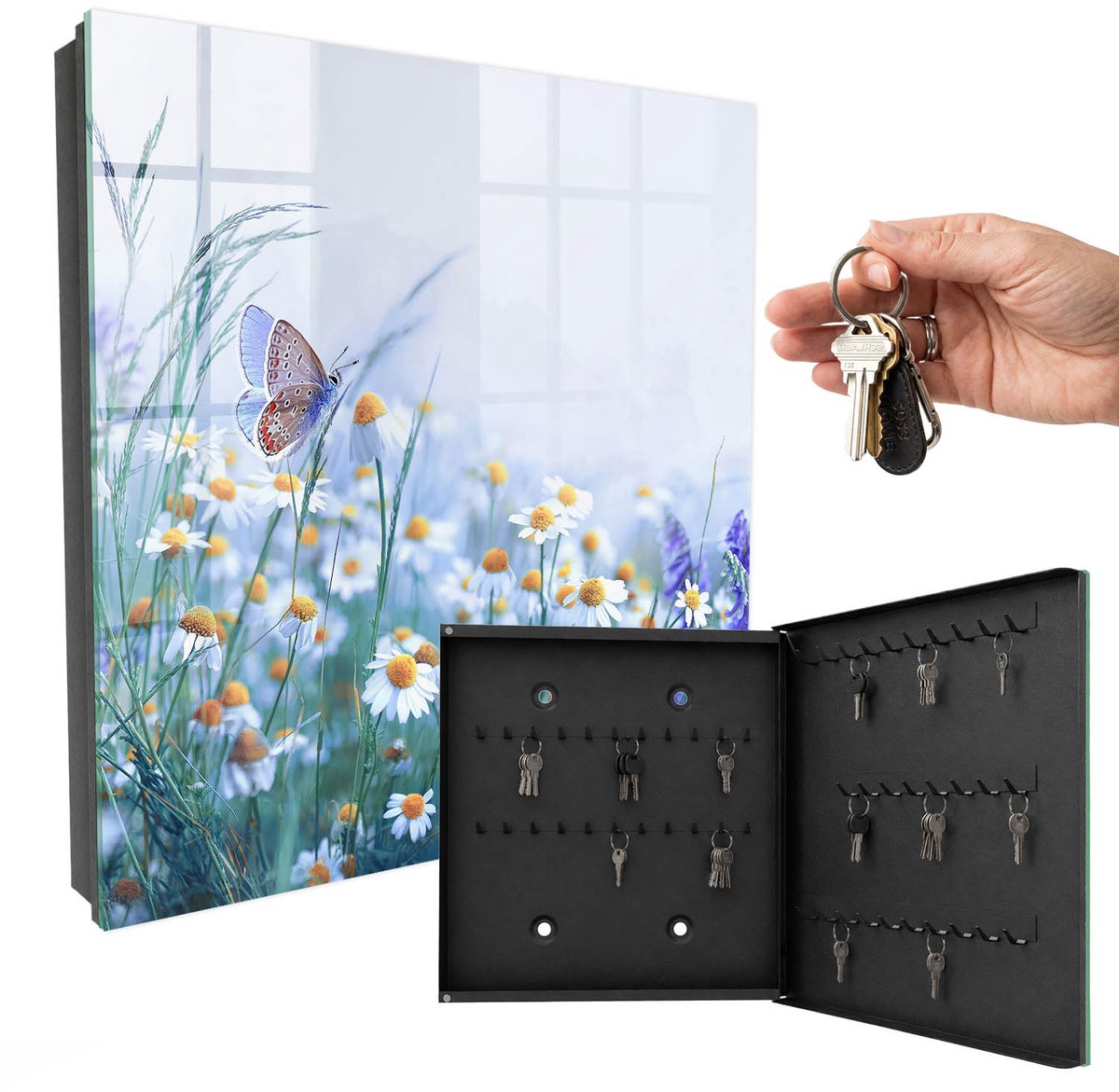 WallMuralia - Sleutelkast - 30x30x5 cm - met 50 haken - Zomerweide Sleutelkastje Landelijk - Blauw Sleutelbox - Rechtsopenend - Zwart interieur