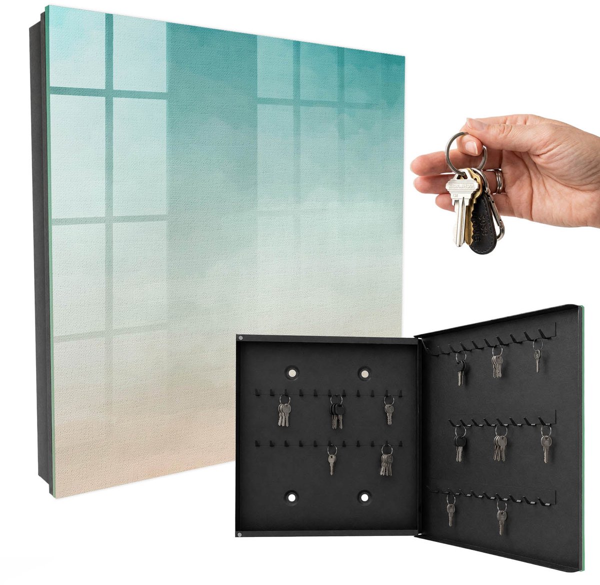 WallMuralia - Sleutelkast - 30x30x5 cm - met 50 haken - Subtiele Kleurovergang Groot Sleutelkastje - Turkoois Sleutelbox - Rechtsopenend - Zwart interieur