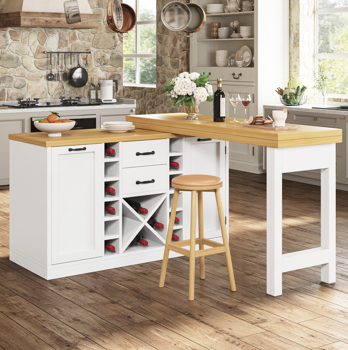 MIVRAY Tafel - 360 Graden Draaibare Keukeninsel Met Opbergruimte En Wijnrek - Uitbreidbaar Van 120 Tot 223 Cm - Wit Zwart - MDF Metaal
