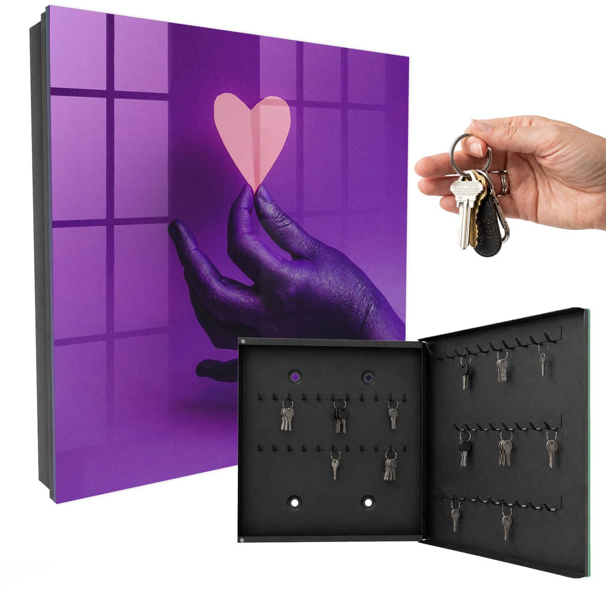 WallMuralia - Sleutelkast - 30x30x5 cm - met 50 haken - Paarse Liefde Groot Sleutelkastje - Paars Sleutelbox - Rechtsopenend - Zwart interieur