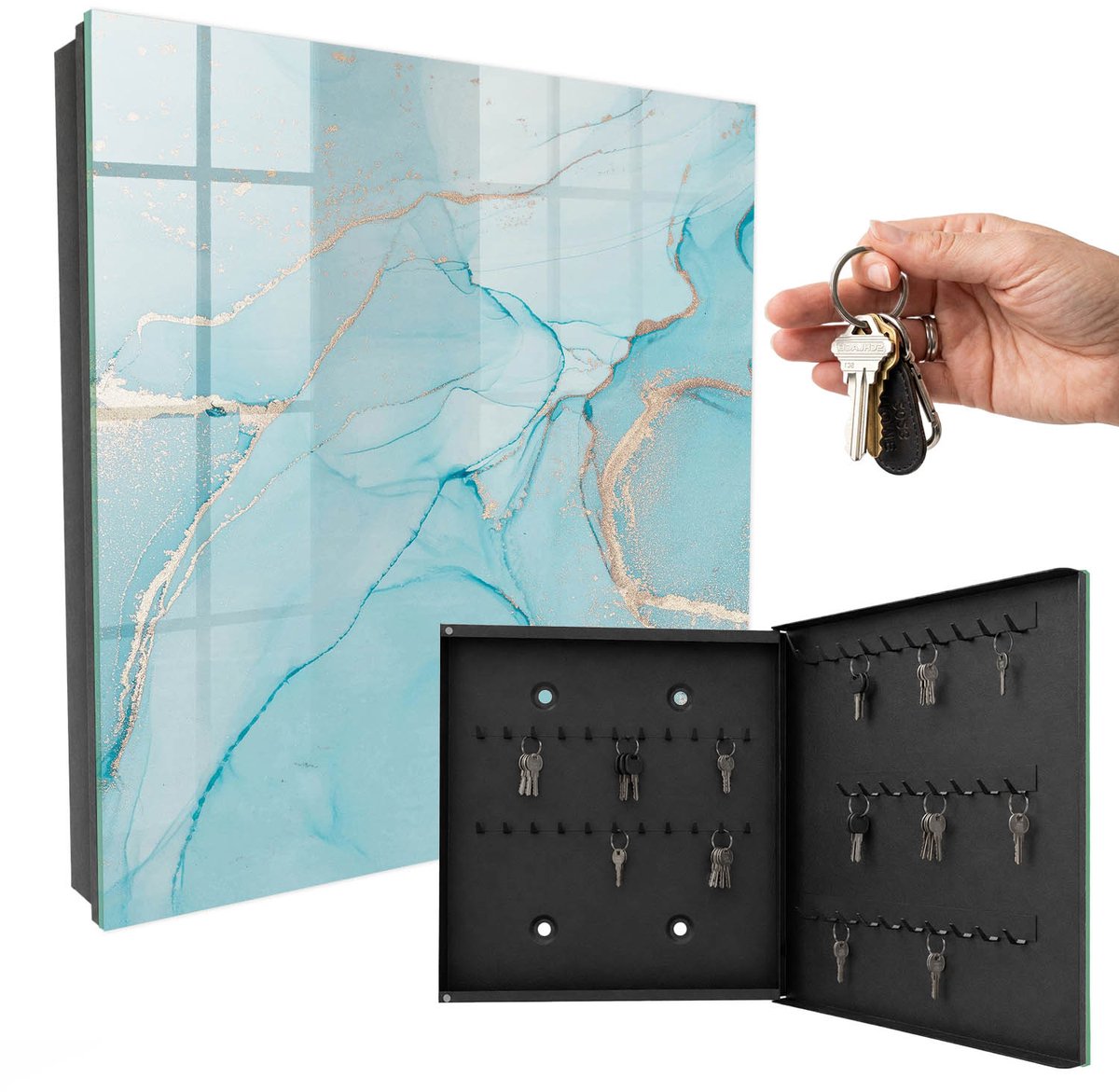 WallMuralia - Sleutelkast - 30x30x5 cm - met 50 haken - Blauwe Dromen Sleutelkastje Huis - Blauw Sleutelbox - Rechtsopenend - Zwart interieur