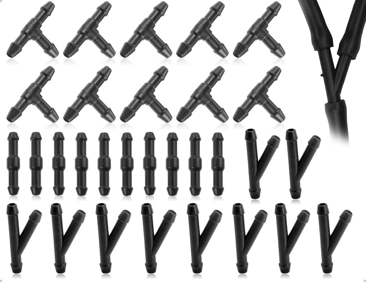 30 stuks connectoren voor raamreinigers, universele rechte T-connector, Y-connector, reparatieset, vloeibare slang, ruitensproeier, slangverbindingsmondstukken (zwart)