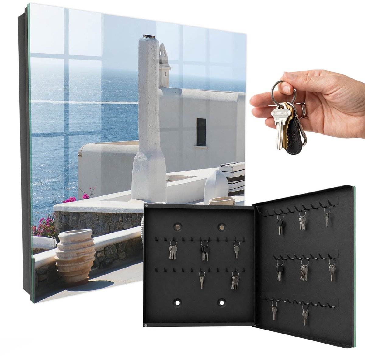 WallMuralia - Sleutelkast - 30x30x5 cm - met 50 haken - Griekse Witte Huizen Aan Zee Sleutelkastje Landelijk - Wit Sleutelbox - Rechtsopenend - Zwart interieur