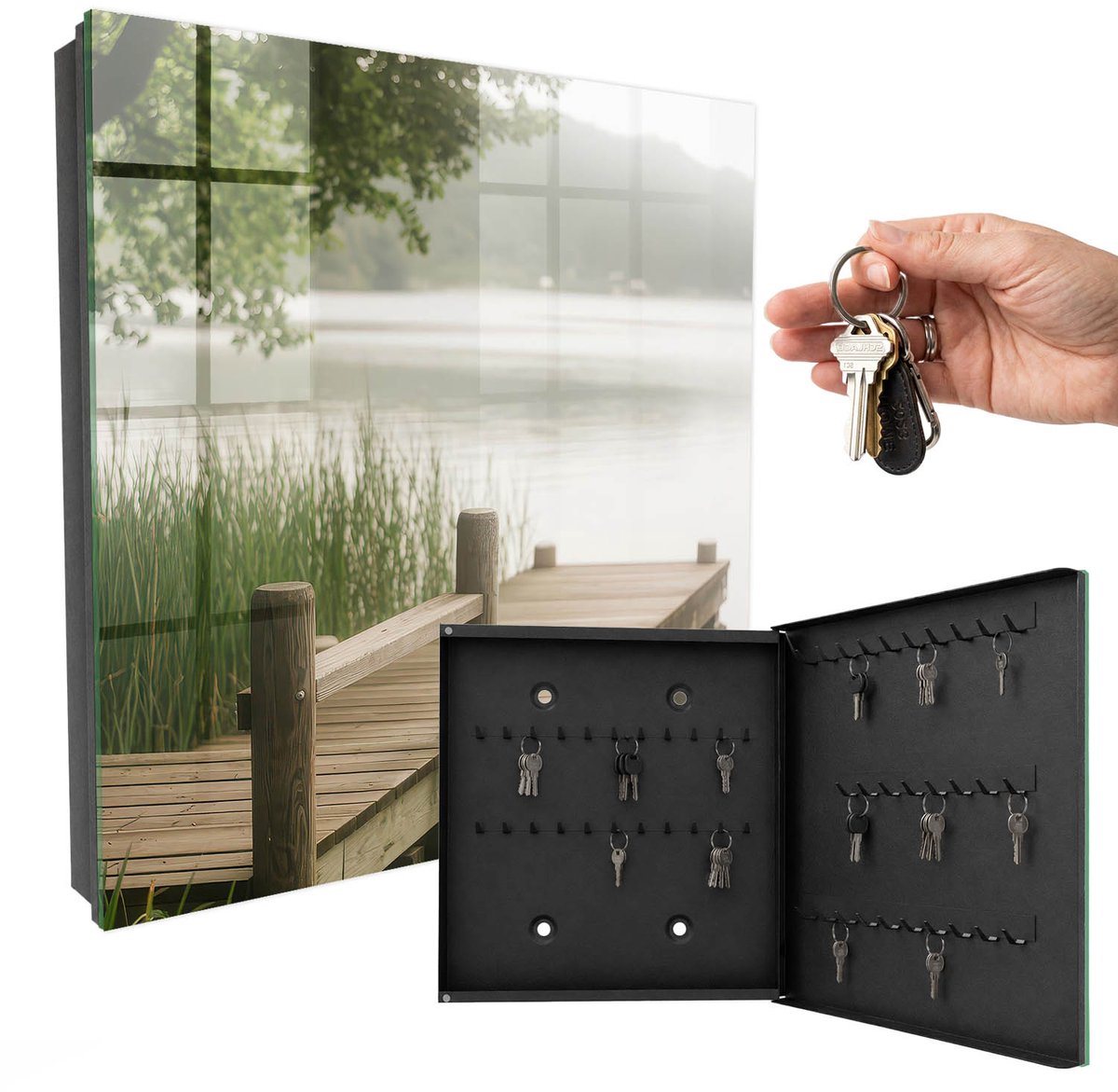 WallMuralia - Sleutelkast - 30x30x5 cm - met 50 haken - Meer Van Vrede Sleutelkastje Landelijk - Groente Sleutelbox - Rechtsopenend - Zwart interieur