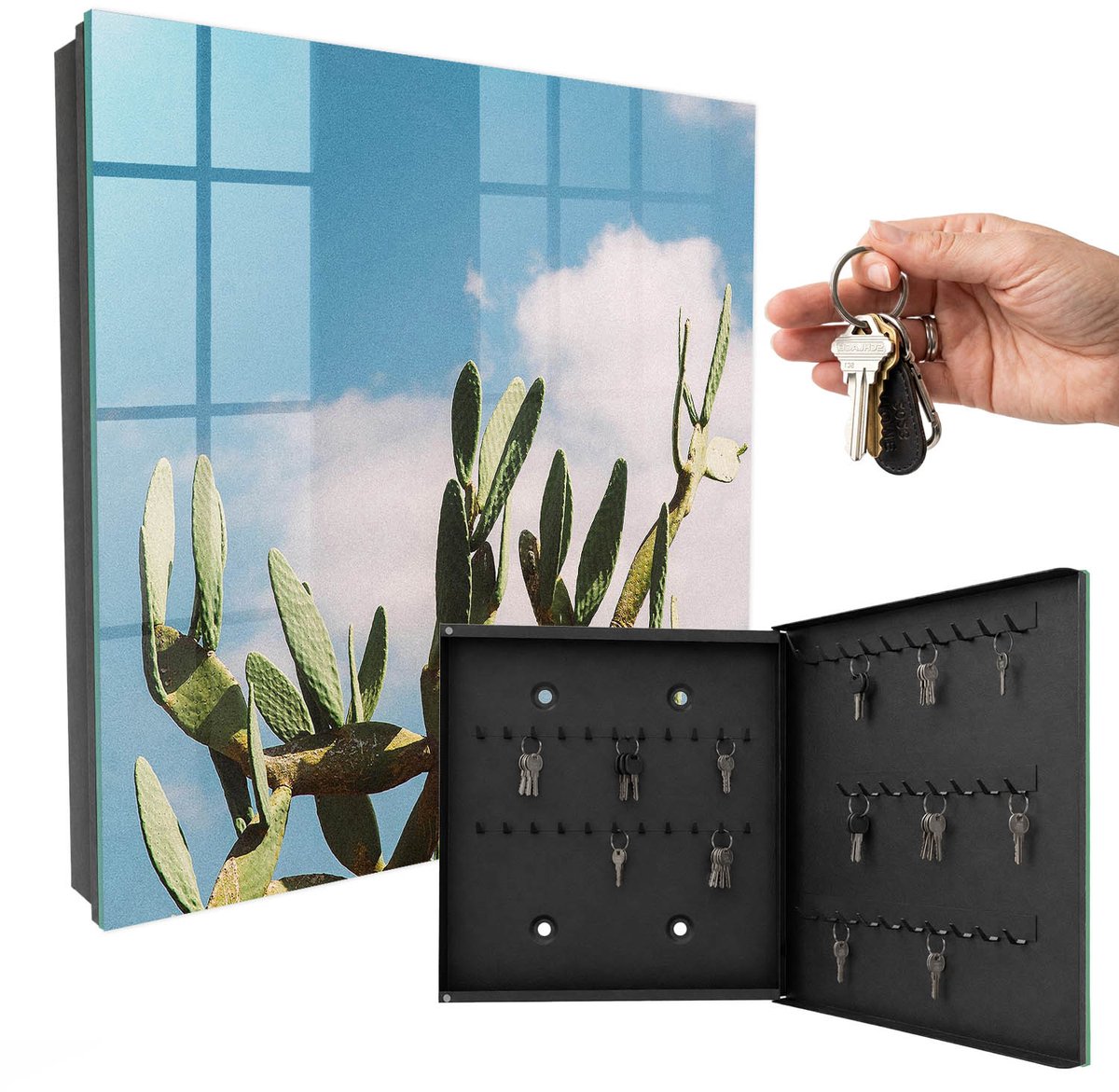 WallMuralia - Sleutelkast - 30x30x5 cm - met 50 haken - Groene Cactus Sleutelkastje Hal - Groente Sleutelbox - Rechtsopenend - Zwart interieur