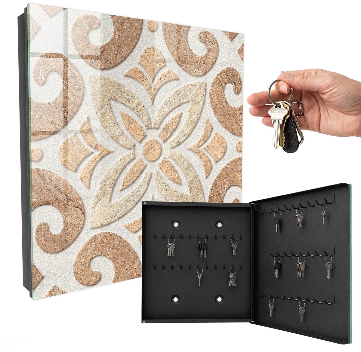 WallMuralia - Sleutelkast - 30x30x5 cm - met 50 haken - Beige Elegantie Sleutelkastje Klein - Beige Sleutelbox - Rechtsopenend - Zwart interieur
