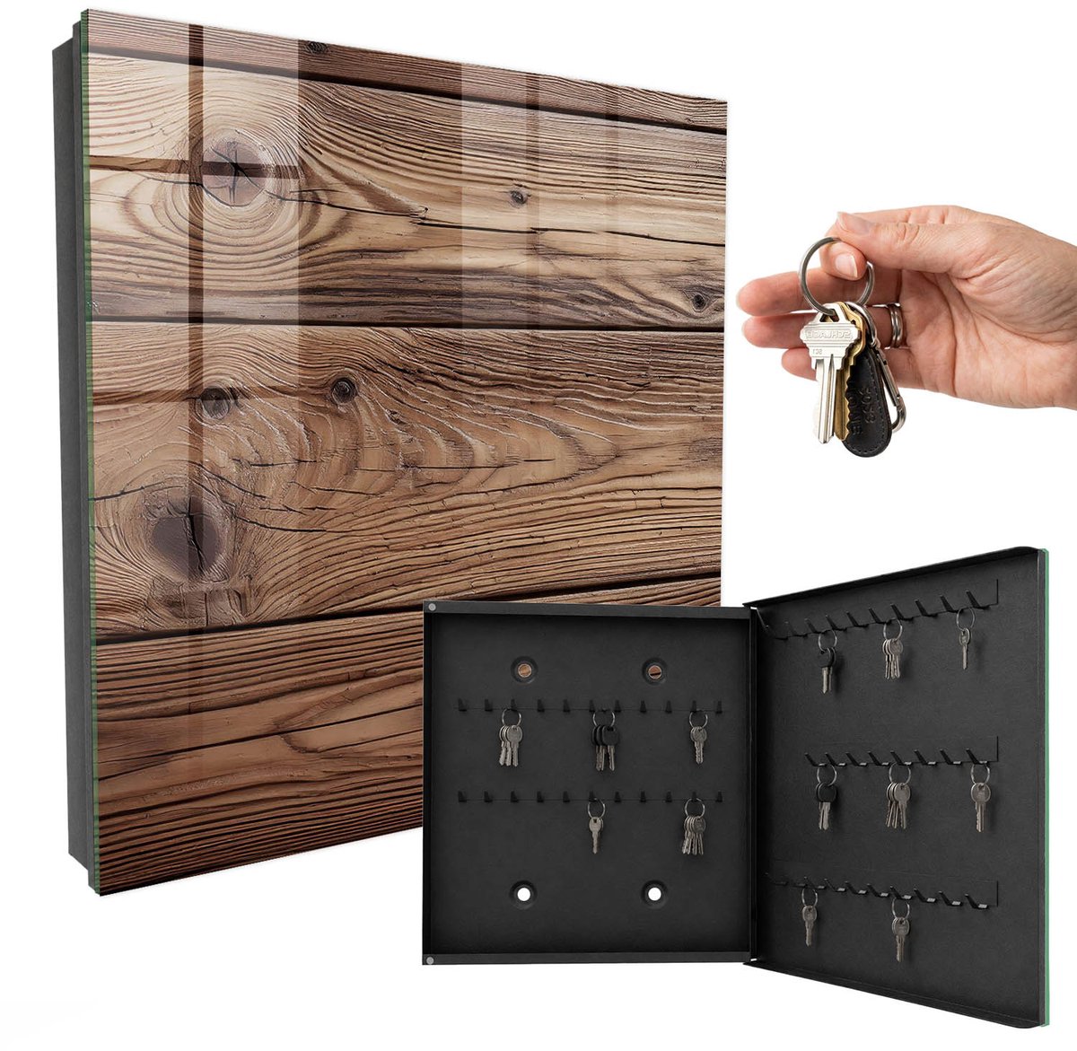 WallMuralia - Sleutelkast - 30x30x5 cm - met 50 haken - Houten Patroon Sleutelkastje Design - Bruin Sleutelbox - Rechtsopenend - Zwart interieur