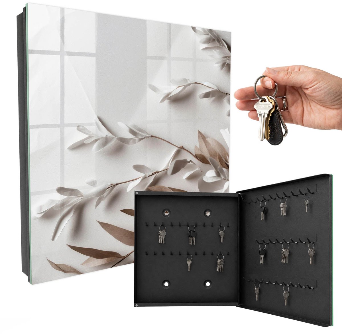 WallMuralia - Sleutelkast - 30x30x5 cm - met 50 haken - Bladeren Van Elegantie Design Sleutelkastje - Wit Sleutelbox - Rechtsopenend - Zwart interieur