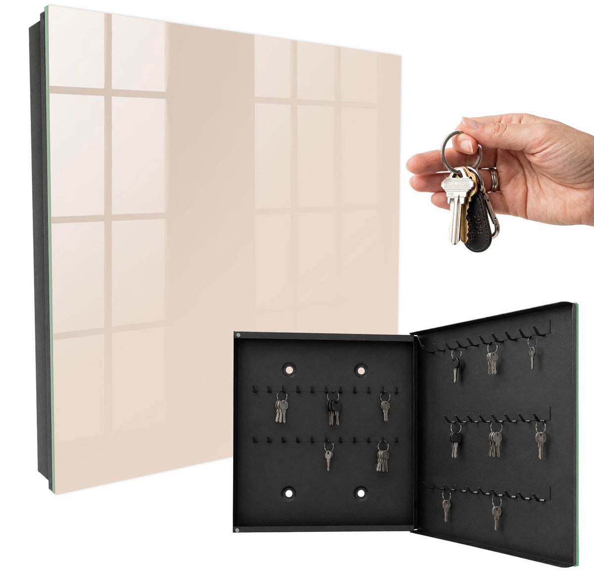 WallMuralia - Sleutelkast - 30x30x5 cm - met 50 haken - Warm Beige Sleutelkastje Voor Binnen - Beige Sleutelbox - Rechtsopenend - Zwart interieur