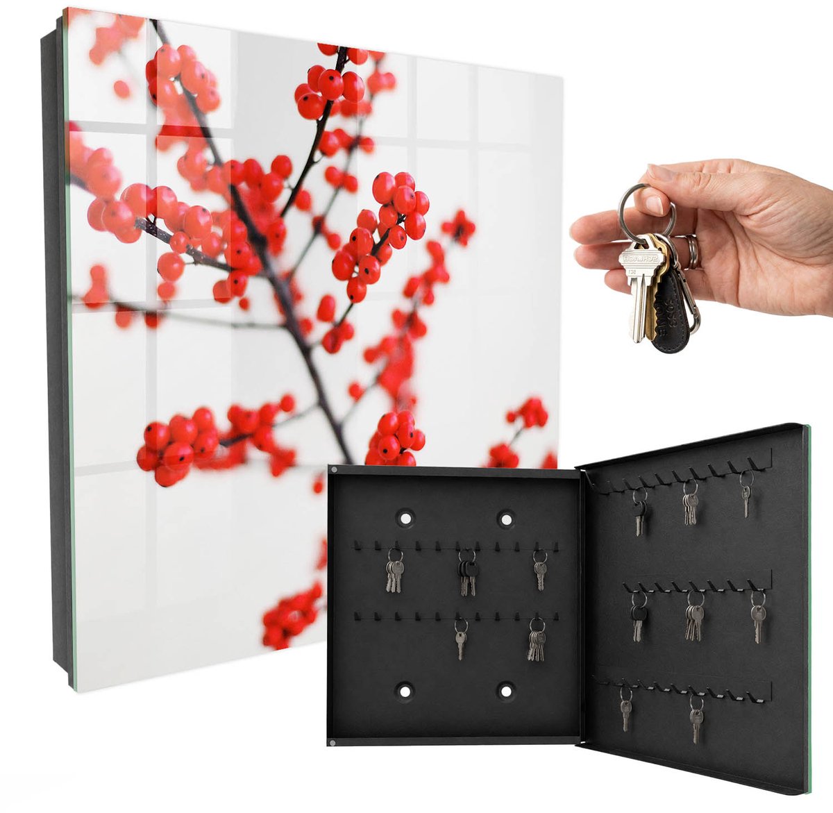 WallMuralia - Sleutelkast - 30x30x5 cm - met 50 haken - Rode Bessen Sleutelkastje Gang - Rood Sleutelbox - Rechtsopenend - Zwart interieur