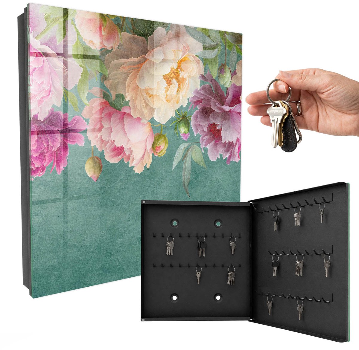 WallMuralia - Sleutelkast - 30x30x5 cm - met 50 haken - Bloemige Elegantie Sleutelkastje Gang - Groente Sleutelbox - Rechtsopenend - Zwart interieur