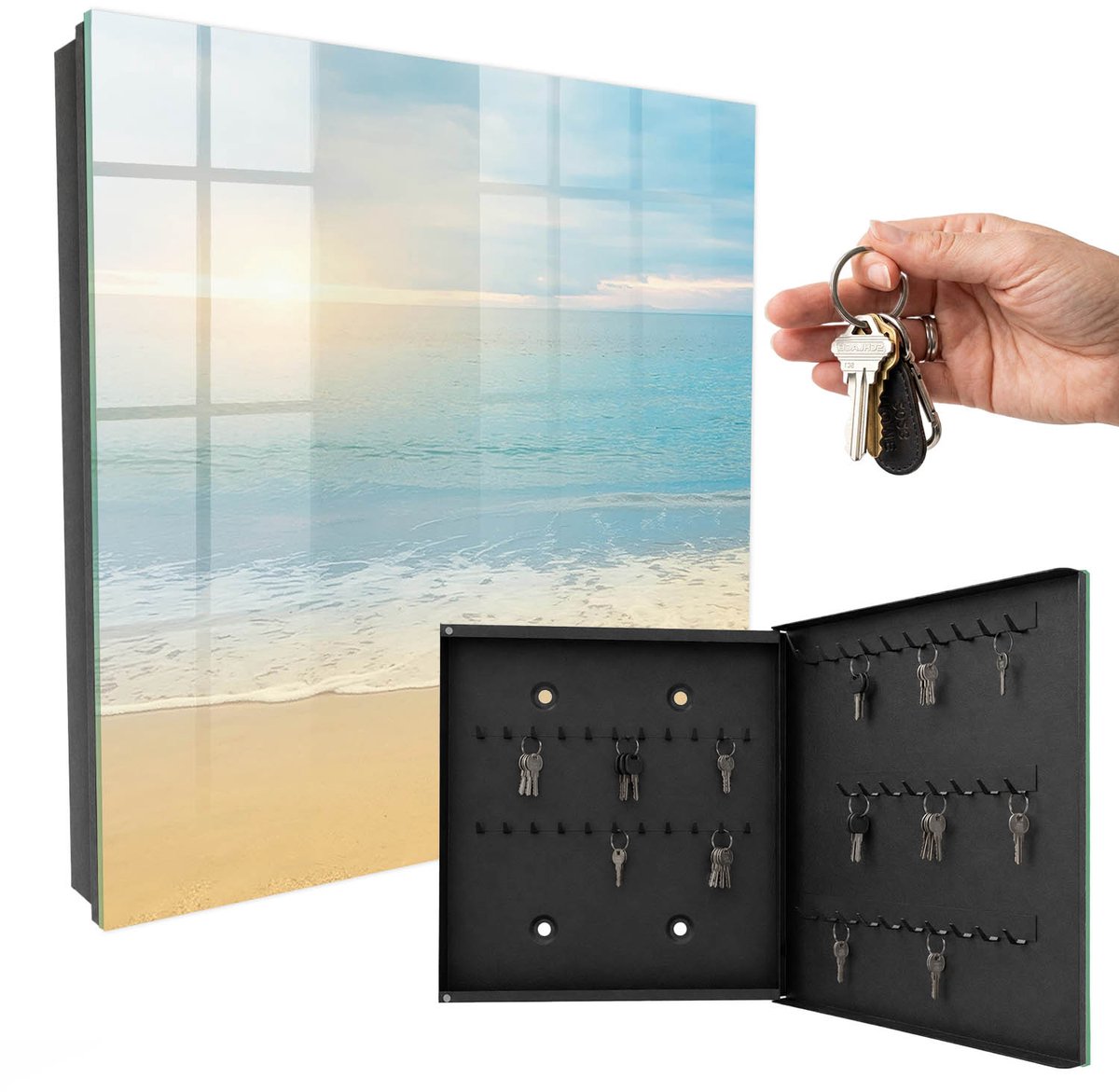 WallMuralia - Sleutelkast - 30x30x5 cm - met 50 haken - Ochtendlandschap Sleutelkastje Huis - Turkoois Sleutelbox - Rechtsopenend - Zwart interieur