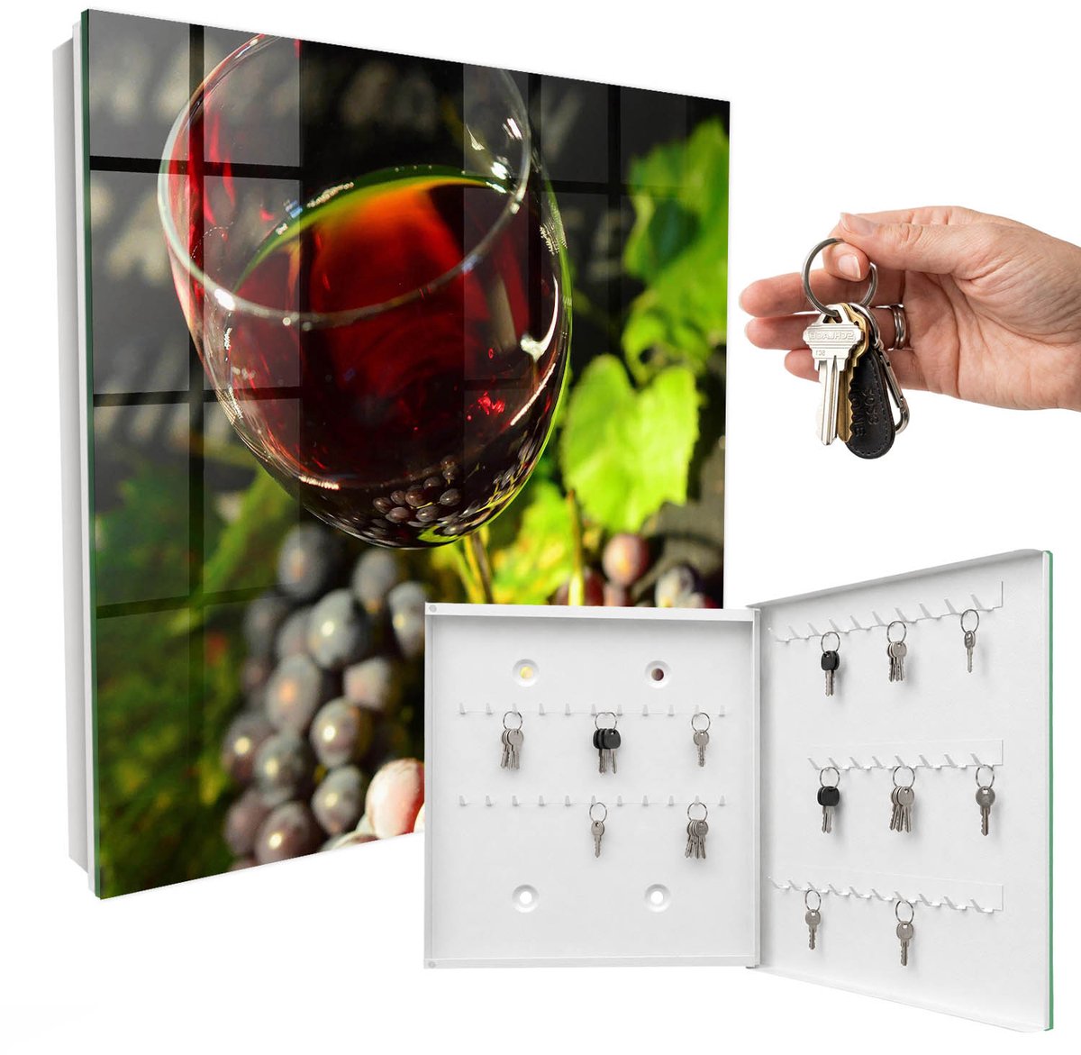 WallMuralia - Sleutelkast - 30x30x5 cm - met 50 haken - Druiven En Wijn Sleutelkastje Gang - Rood Sleutelbox - Rechtsopenend - Wit interieur