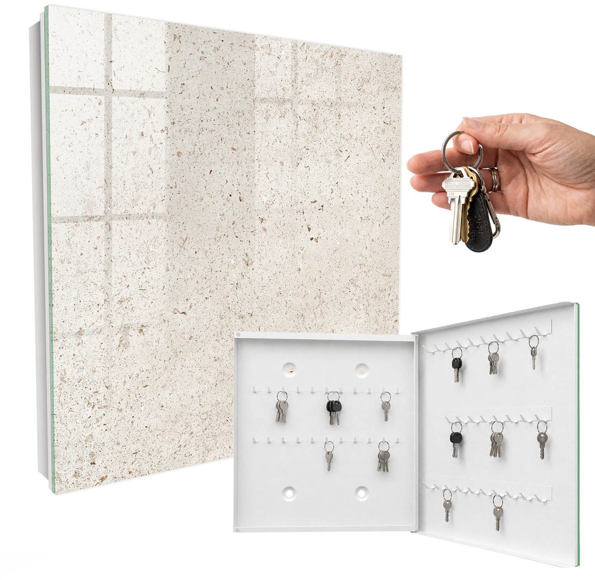 WallMuralia - Sleutelkast - 30x30x5 cm - met 50 haken - Beige Elegantie Sleutelkastje Design - Beige Sleutelbox - Rechtsopenend - Wit interieur