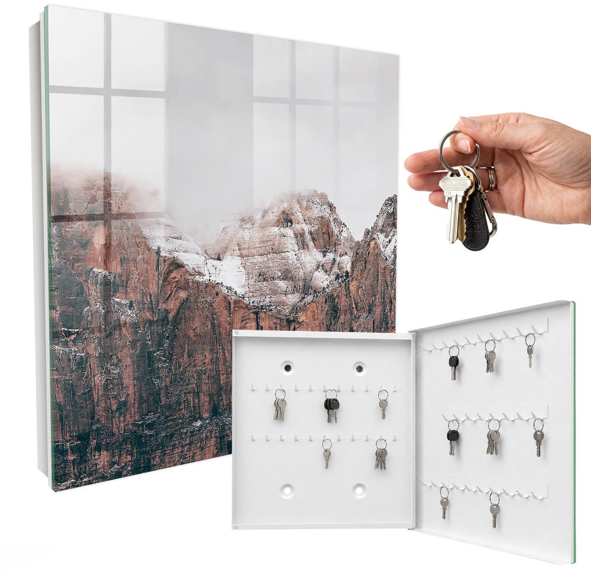 WallMuralia - Sleutelkast - 30x30x5 cm - met 50 haken - Bergstilte Groot Sleutelkastje - Bruin Sleutelbox - Rechtsopenend - Wit interieur