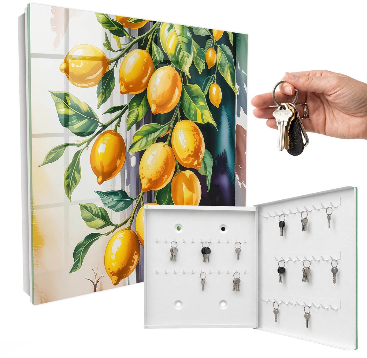 WallMuralia - Sleutelkast - 30x30x5 cm - met 50 haken - Citroen Charm Design Sleutelkastje - Geel Sleutelbox - Rechtsopenend - Wit interieur