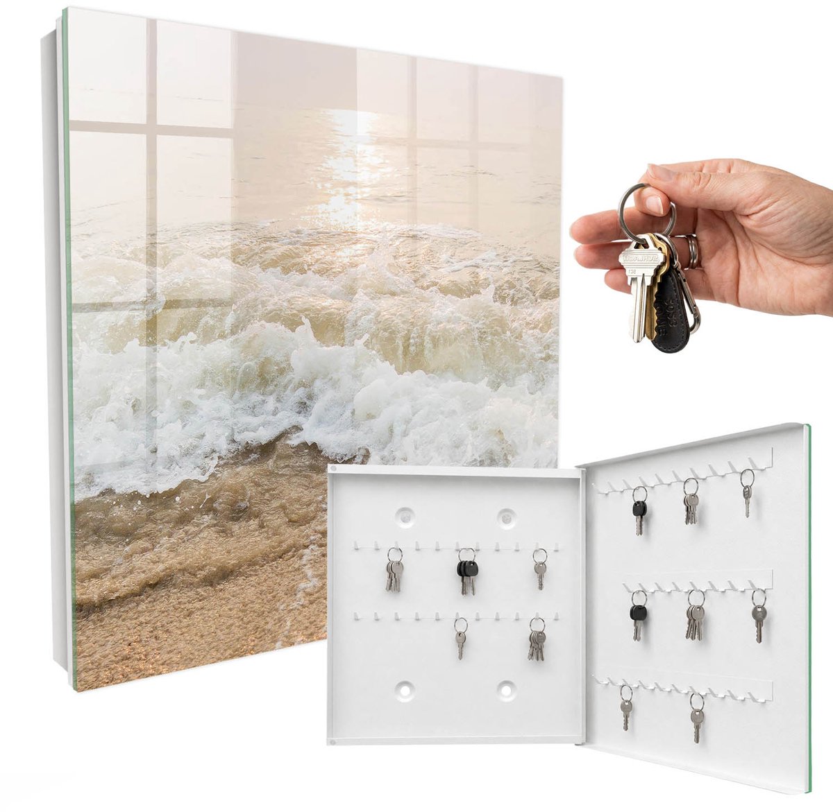 WallMuralia - Sleutelkast - 30x30x5 cm - met 50 haken - Zeegolf Sleutelkastje Hal - Beige Sleutelbox - Rechtsopenend - Wit interieur