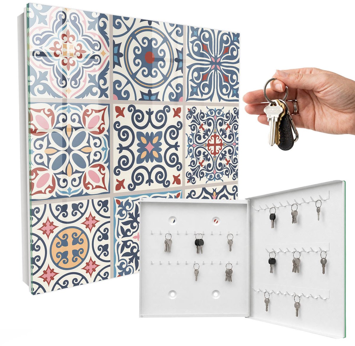 WallMuralia - Sleutelkast - 30x30x5 cm - met 50 haken - Mozaïekpatronen Leuk Sleutelkastje - Blauw Sleutelbox - Rechtsopenend - Wit interieur