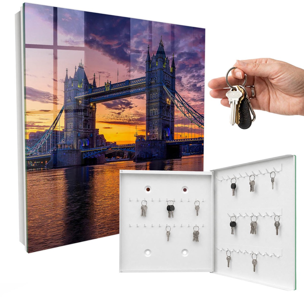 WallMuralia - Sleutelkast - 30x30x5 cm - met 50 haken - Een Magisch Uitzicht Leuk Sleutelkastje - Paars Sleutelbox - Rechtsopenend - Wit interieur