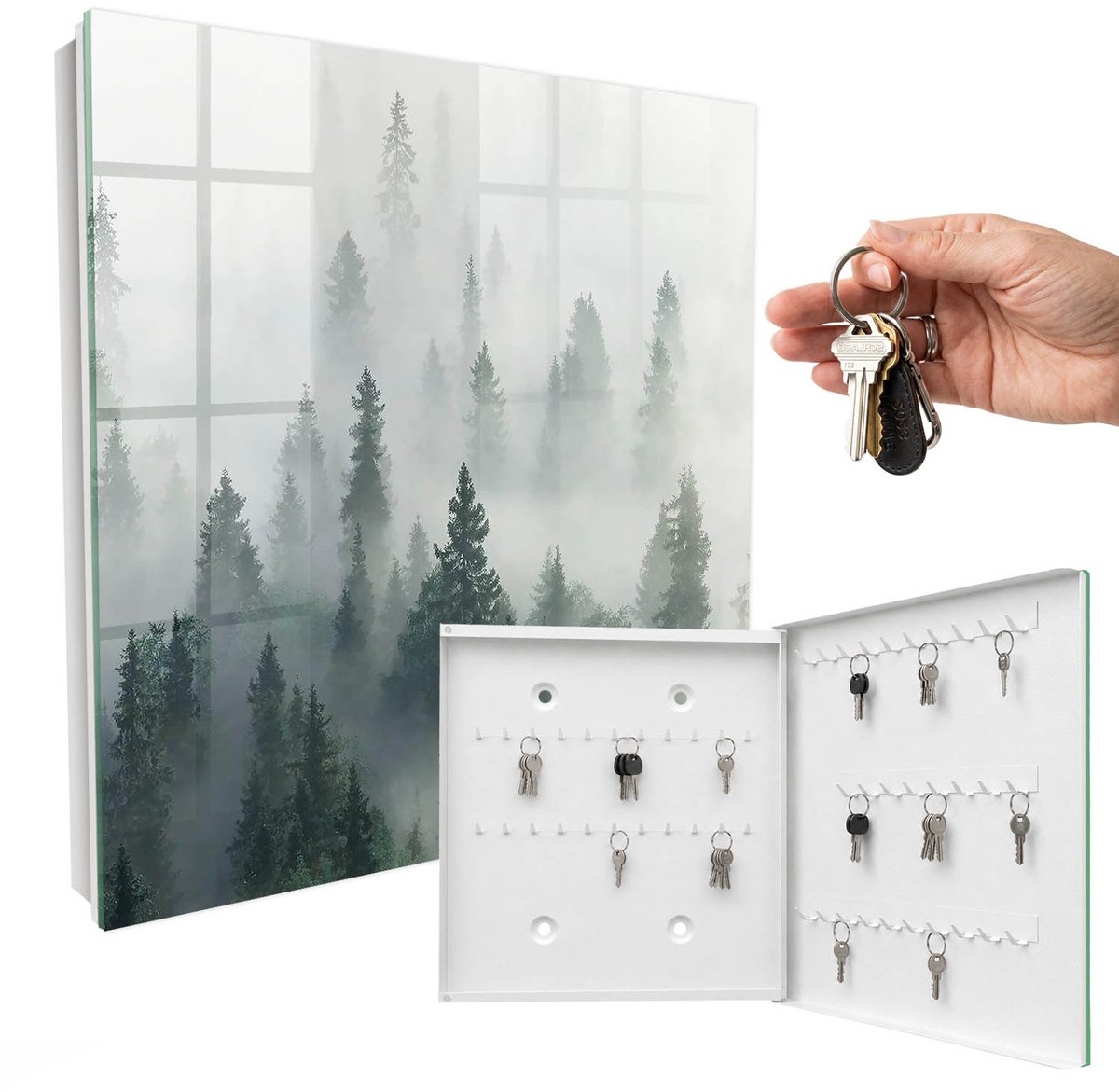 WallMuralia - Sleutelkast - 30x30x5 cm - met 50 haken - Nevelbos Sleutelkastje Muur - Groente Sleutelbox - Rechtsopenend - Wit interieur
