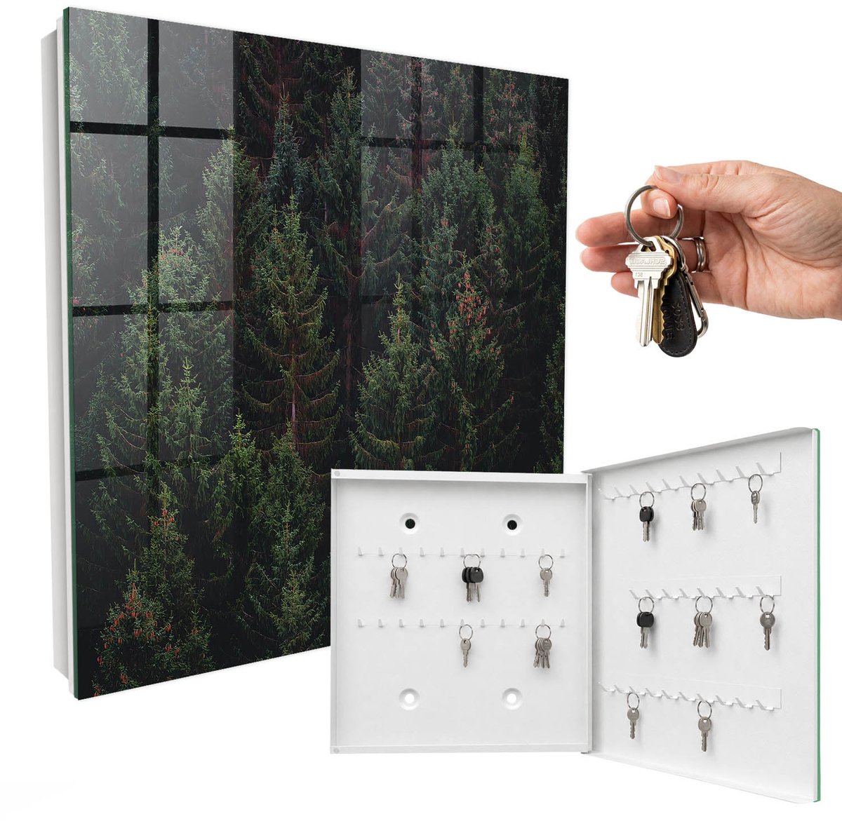 WallMuralia - Sleutelkast - 30x30x5 cm - met 50 haken - Groen Bos Sleutelkastje Modern - Groente Sleutelbox - Rechtsopenend - Wit interieur