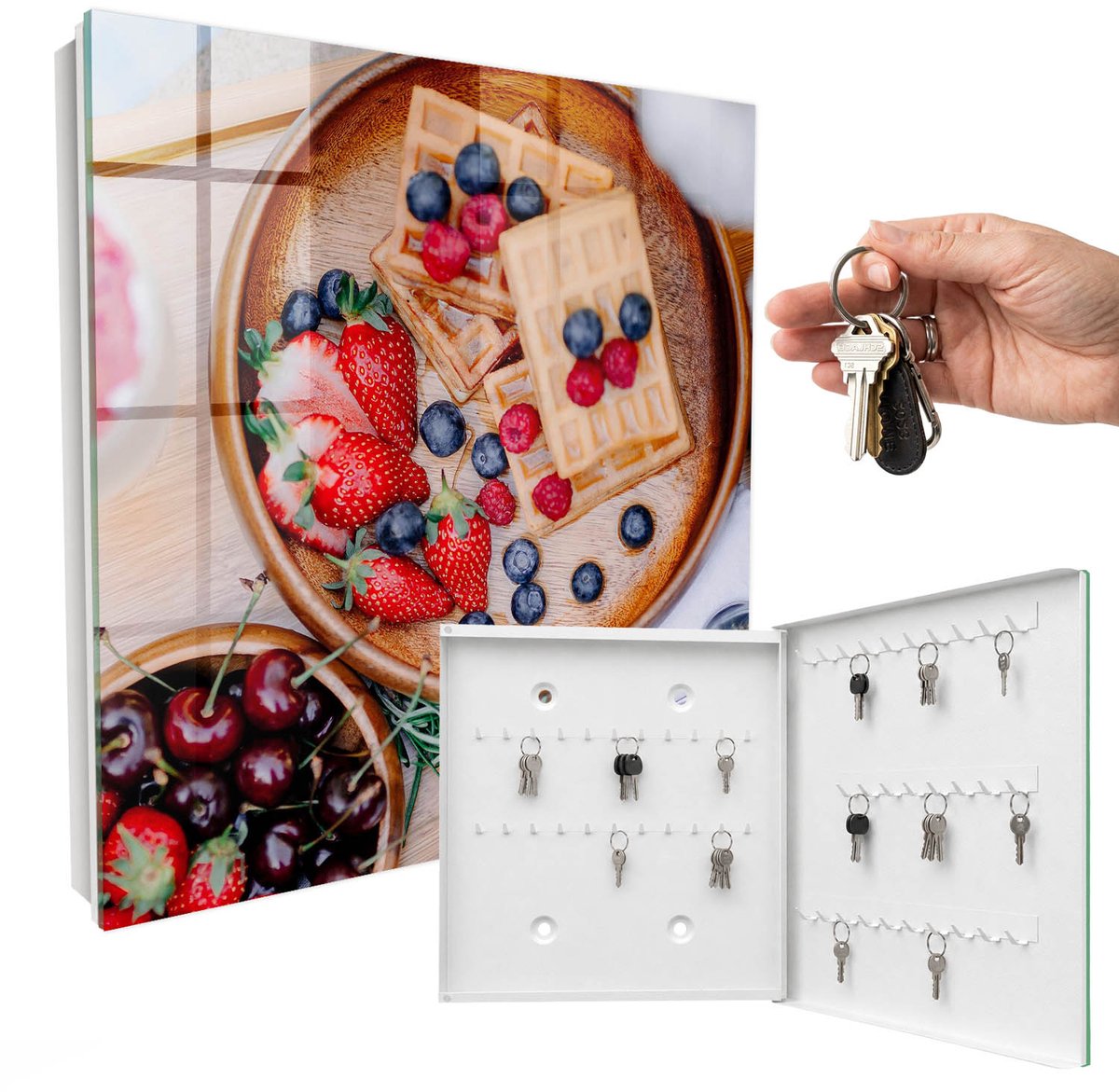 WallMuralia - Sleutelkast - 30x30x5 cm - met 50 haken - Fruitontbijt Sleutelkastje Binnen - Bruin Sleutelbox - Rechtsopenend - Wit interieur