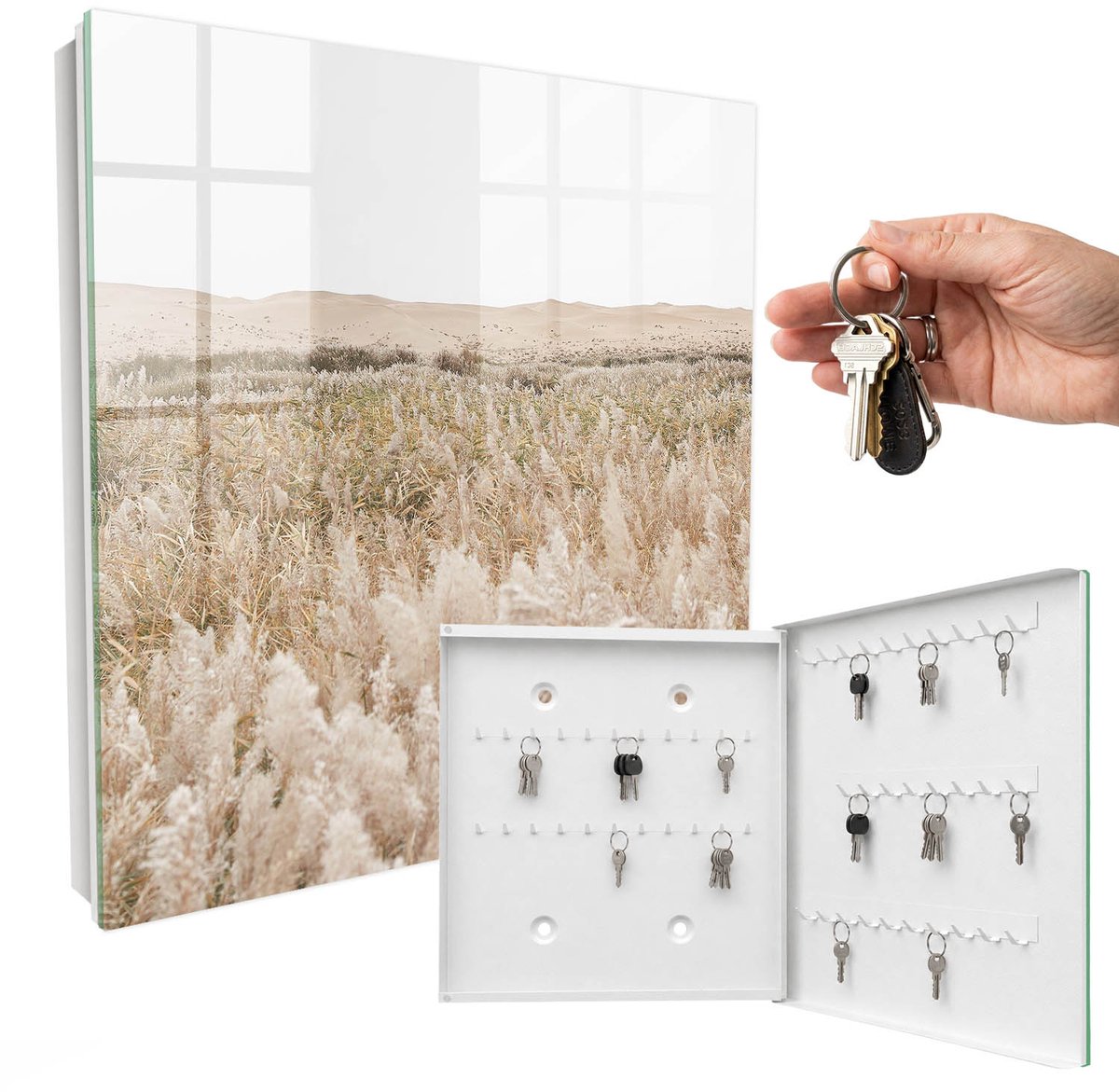 WallMuralia - Sleutelkast - 30x30x5 cm - met 50 haken - Woestijnharmonie Sleutelkastje - Beige Sleutelbox - Rechtsopenend - Wit interieur