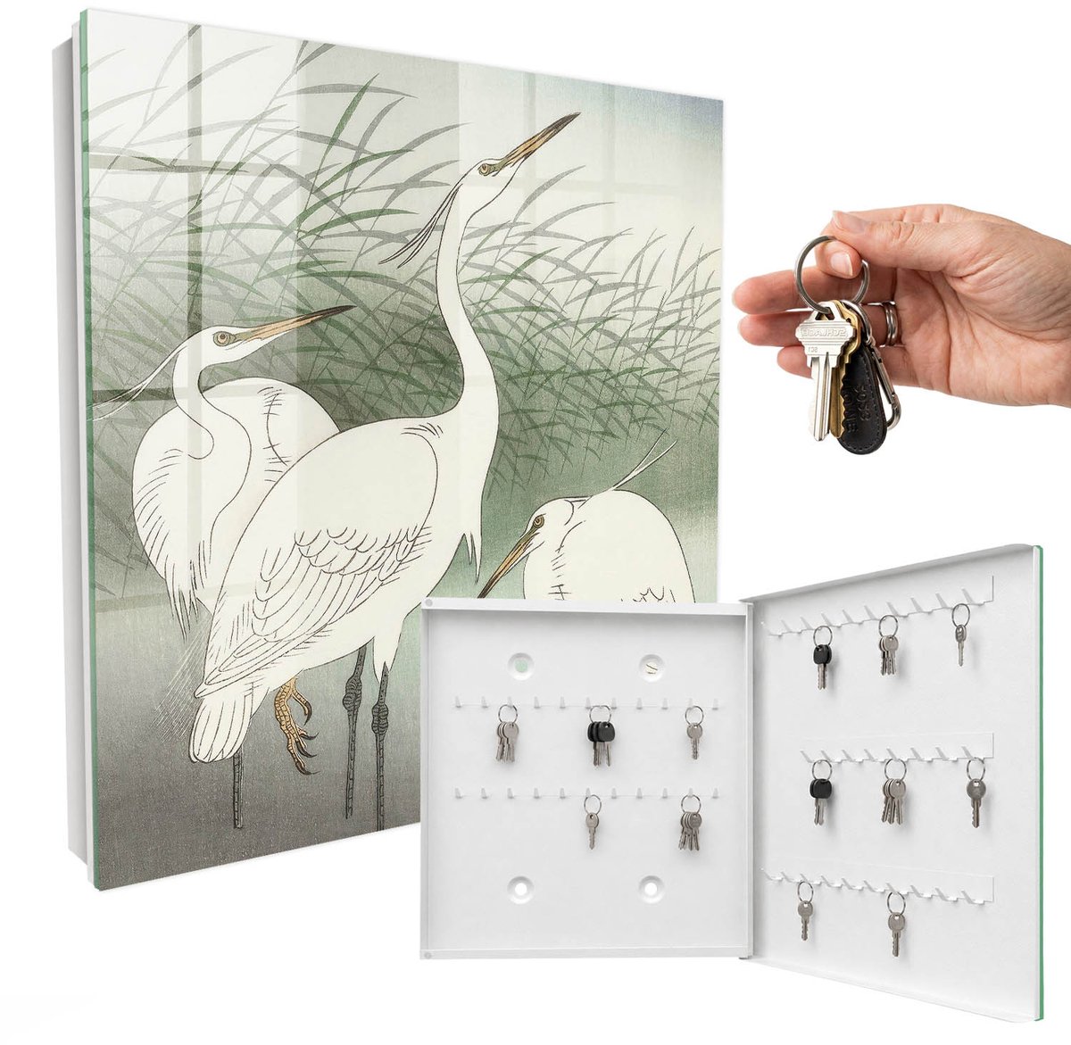 WallMuralia - Sleutelkast - 30x30x5 cm - met 50 haken - Reigers En Grassen Groot Sleutelkastje - Groente Sleutelbox - Rechtsopenend - Wit interieur