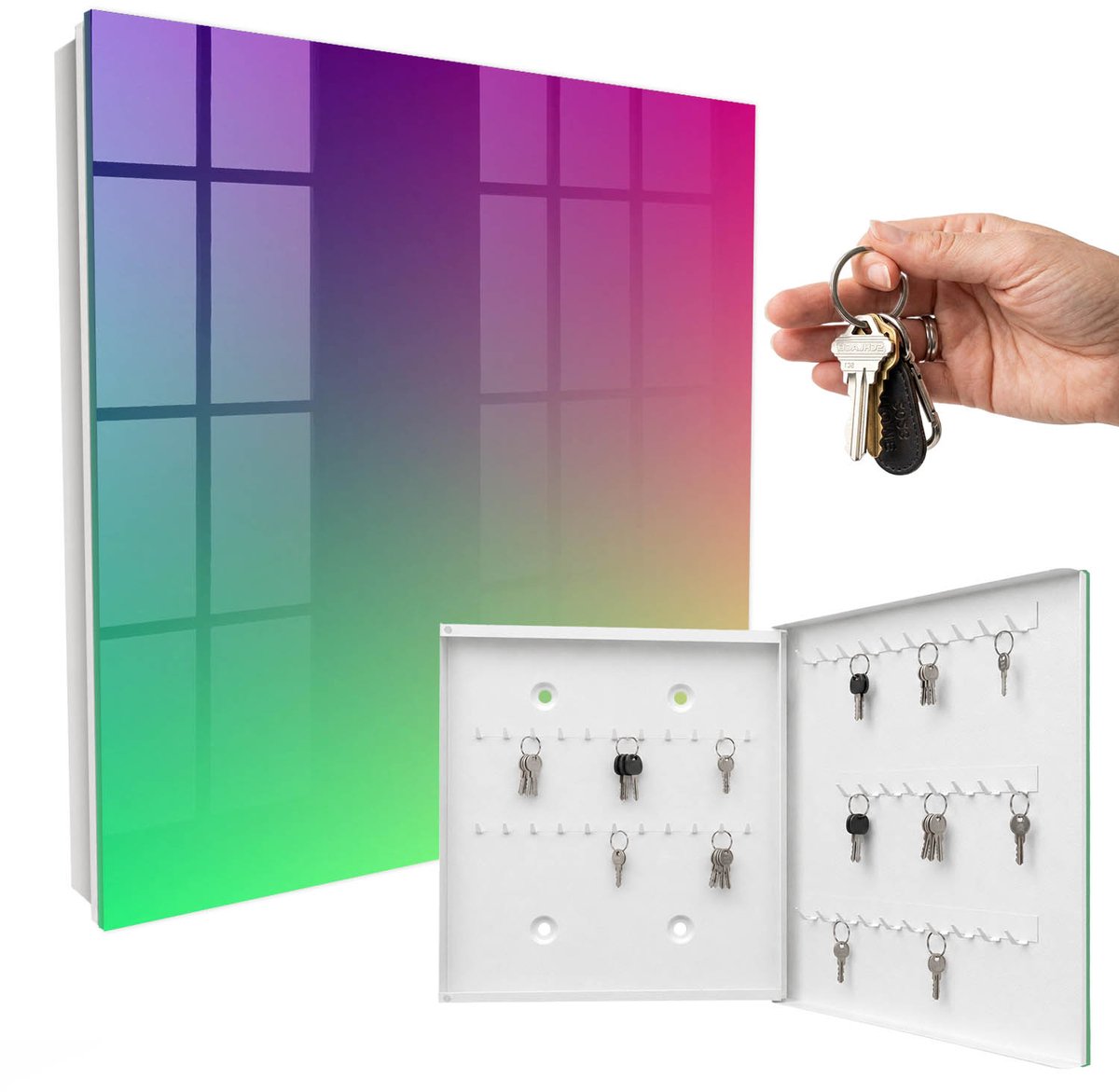 WallMuralia - Sleutelkast - 30x30x5 cm - met 50 haken - Kleurrijk Verloop Groot Sleutelkastje - Paars Sleutelbox - Rechtsopenend - Wit interieur