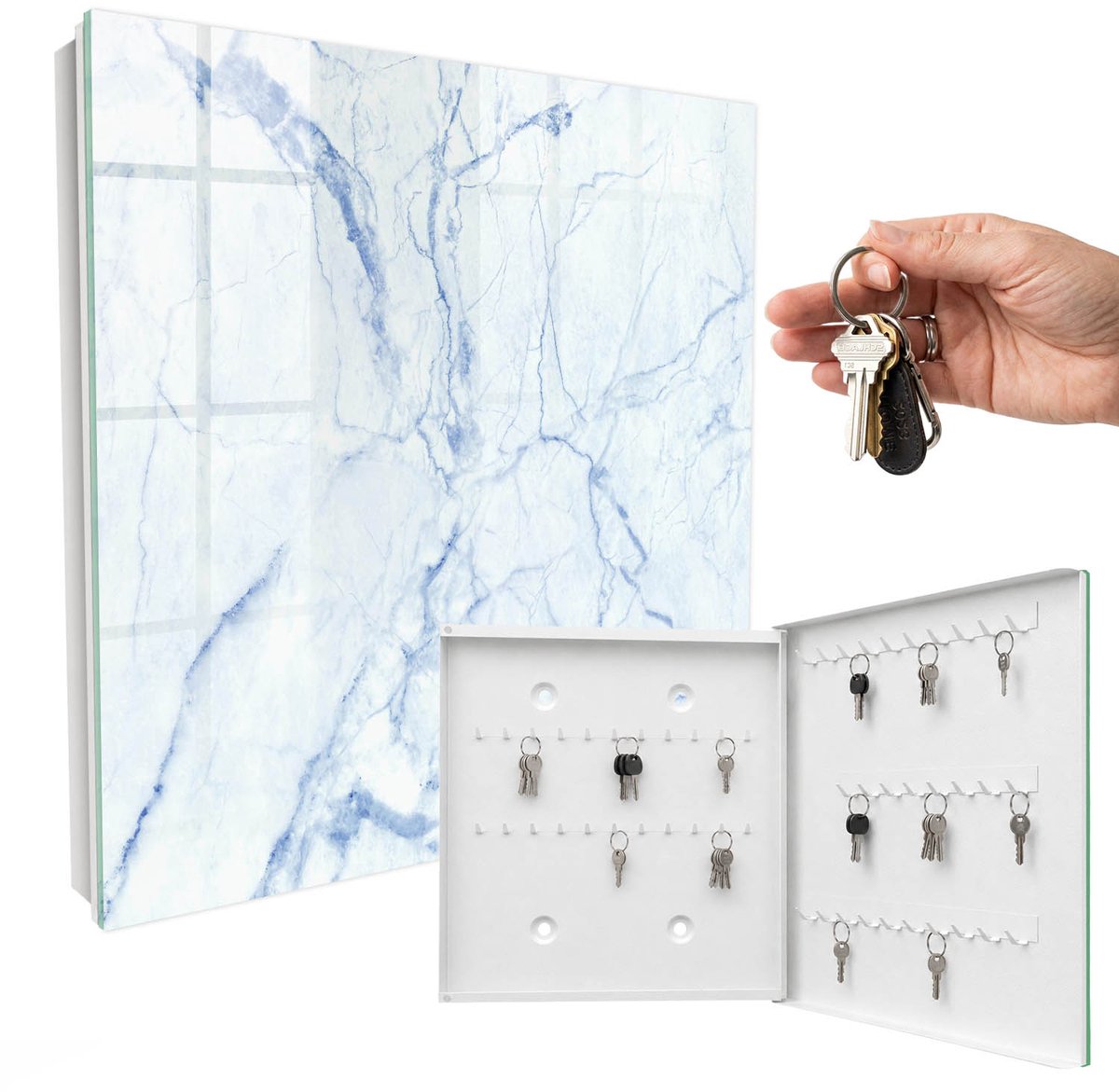 WallMuralia - Sleutelkast - 30x30x5 cm - met 50 haken - Marmerpatroon Sleutelkastje Industrieel - Wit Sleutelbox - Rechtsopenend - Wit interieur