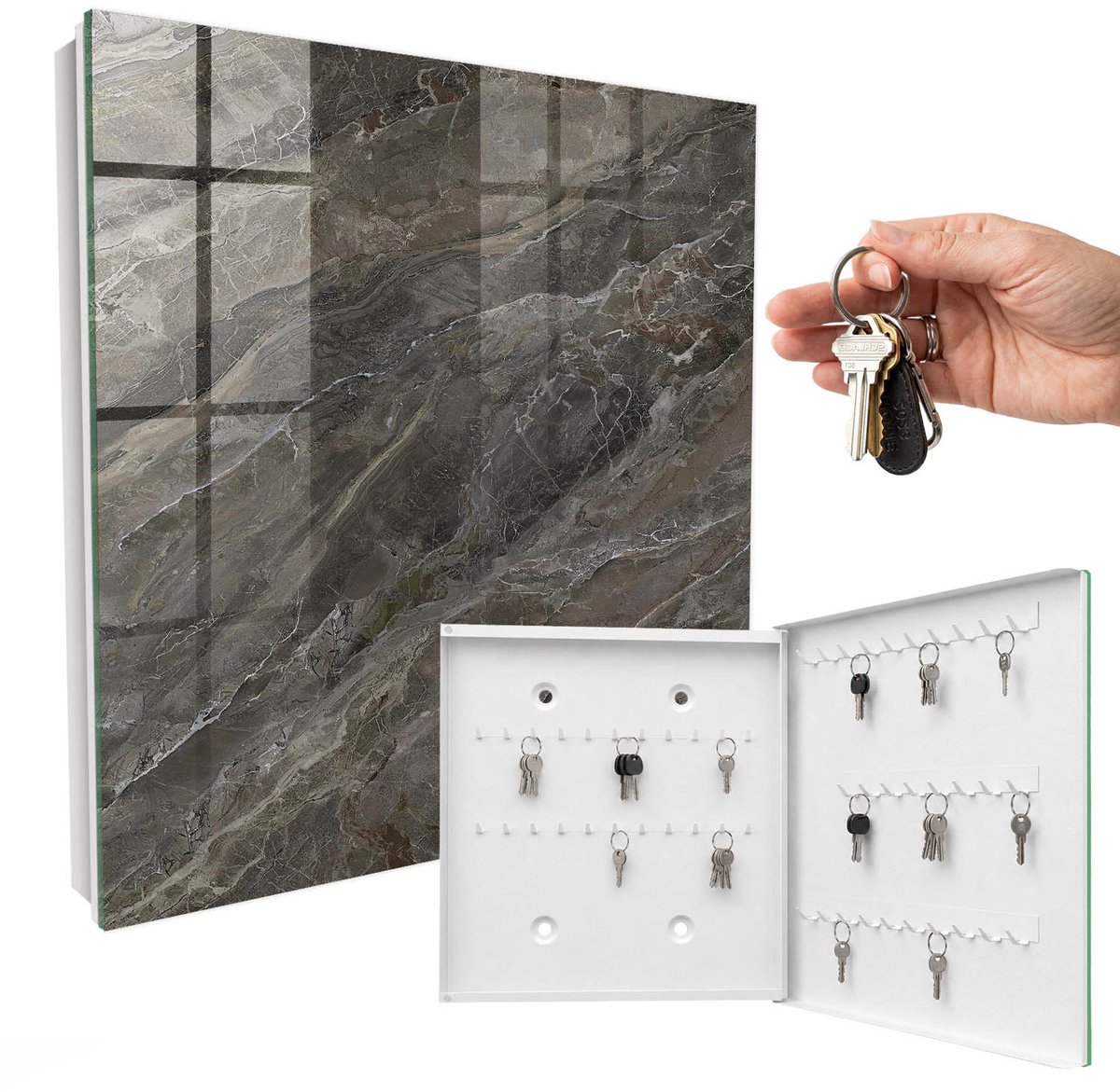 WallMuralia - Sleutelkast - 30x30x5 cm - met 50 haken - Marmertextuur Sleutelkastje Klein - Grijs Sleutelbox - Rechtsopenend - Wit interieur