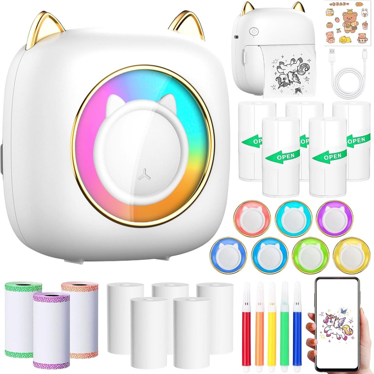 Draagbare thermische sticker- en fotoprinter met Bluetooth - 14 rollen papier inclusief - geschikt voor iOS en Android