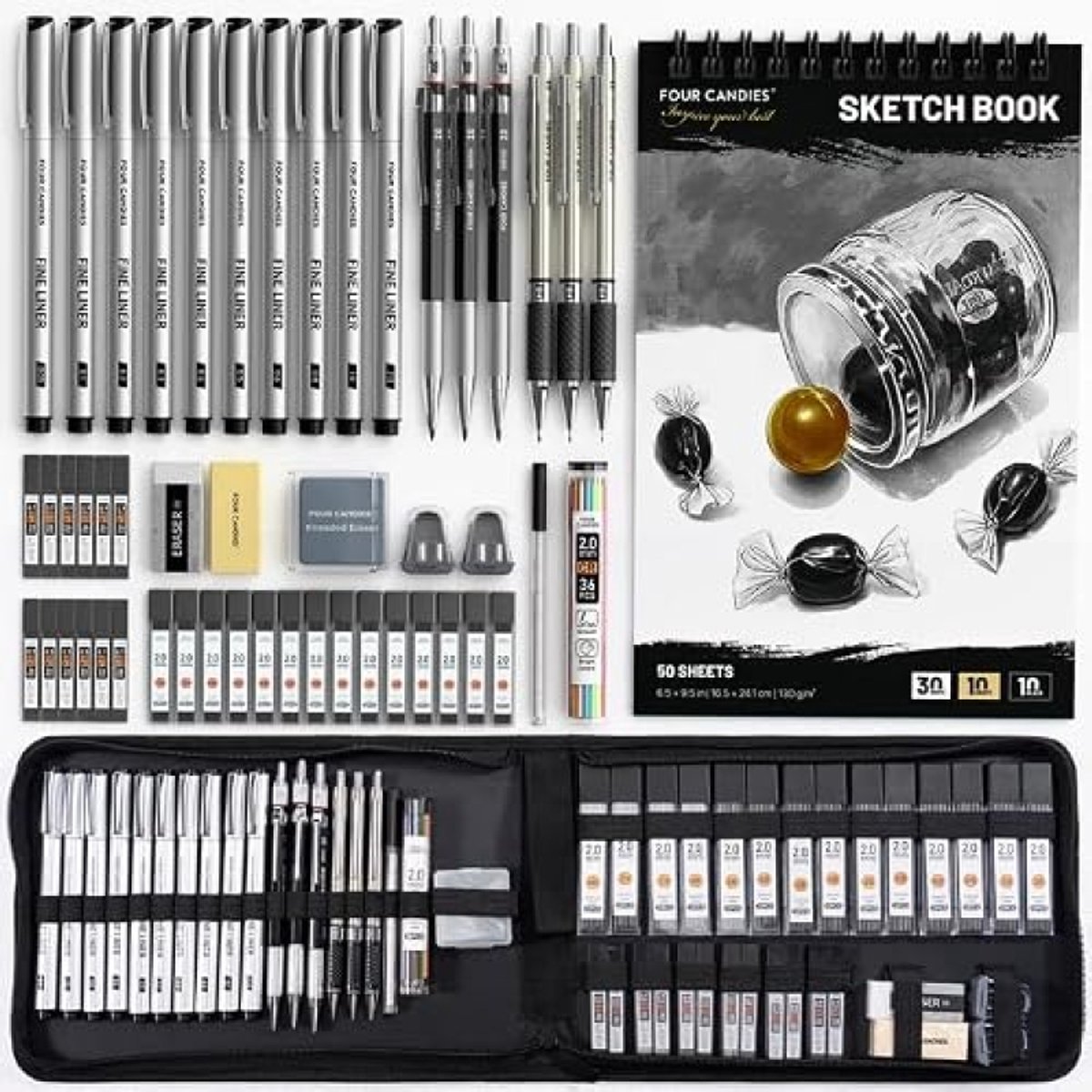 PromoHome Professionele Tekenset – 52 Delige Mechanische Potloden, Fineliners, Schetsboek en Accessoires in Canvas Etui