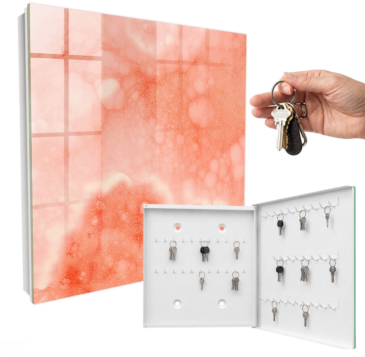 WallMuralia - Sleutelkast - 30x30x5 cm - met 50 haken - Oranje Abstractie Sleutelkastje Muur - Oranje Sleutelbox - Rechtsopenend - Wit interieur