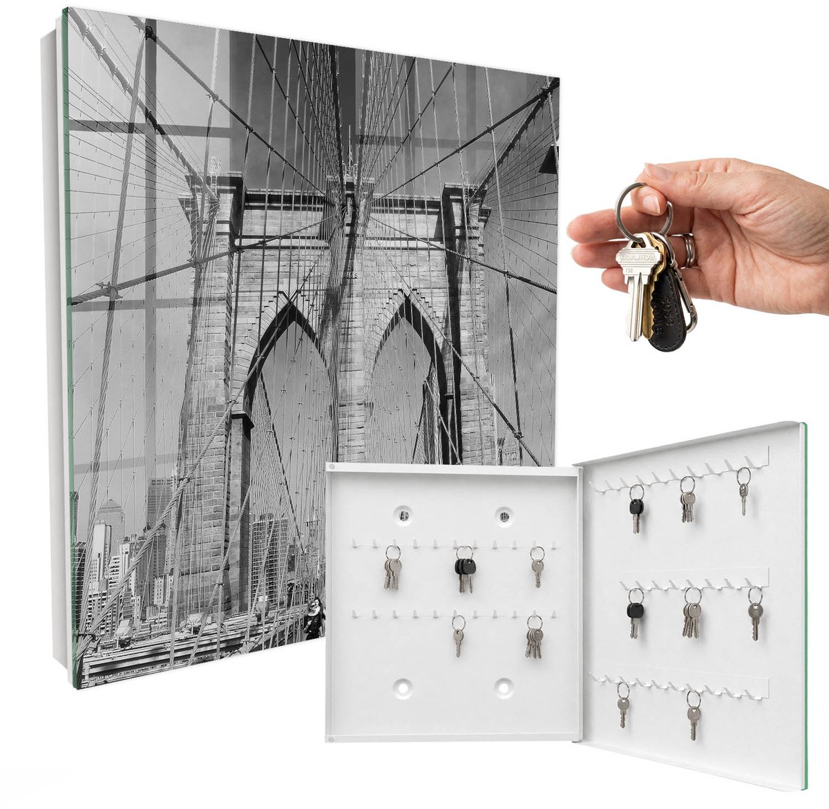 WallMuralia - Sleutelkast - 30x30x5 cm - met 50 haken - Iconische Brug Sleutelkastje Landelijk - Zwart-Wit Sleutelbox - Rechtsopenend - Wit interieur