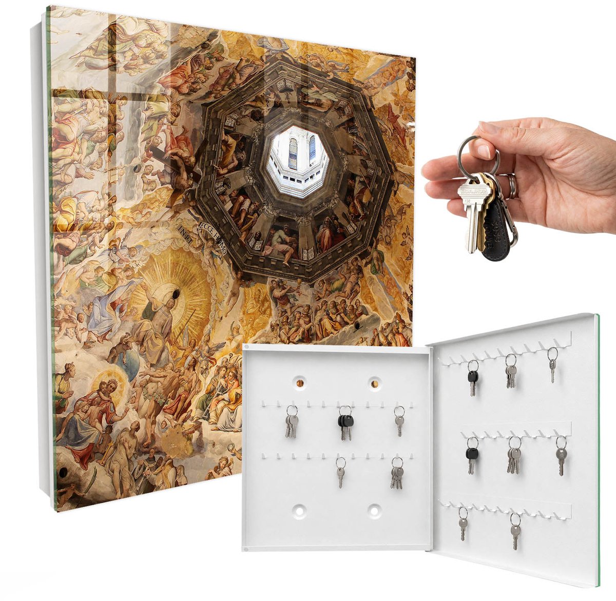 WallMuralia - Sleutelkast - 30x30x5 cm - met 50 haken - Religieuze Fresco'S Design Sleutelkastje - Geel Sleutelbox - Rechtsopenend - Wit interieur