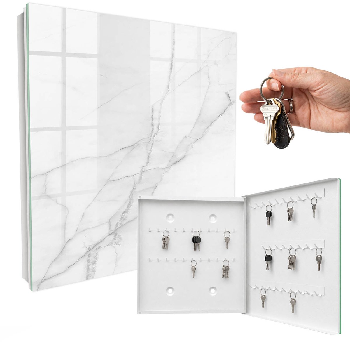 WallMuralia - Sleutelkast - 30x30x5 cm - met 50 haken - Marmeren Elegantie Sleutelkastje Gang - Wit Sleutelbox - Rechtsopenend - Wit interieur