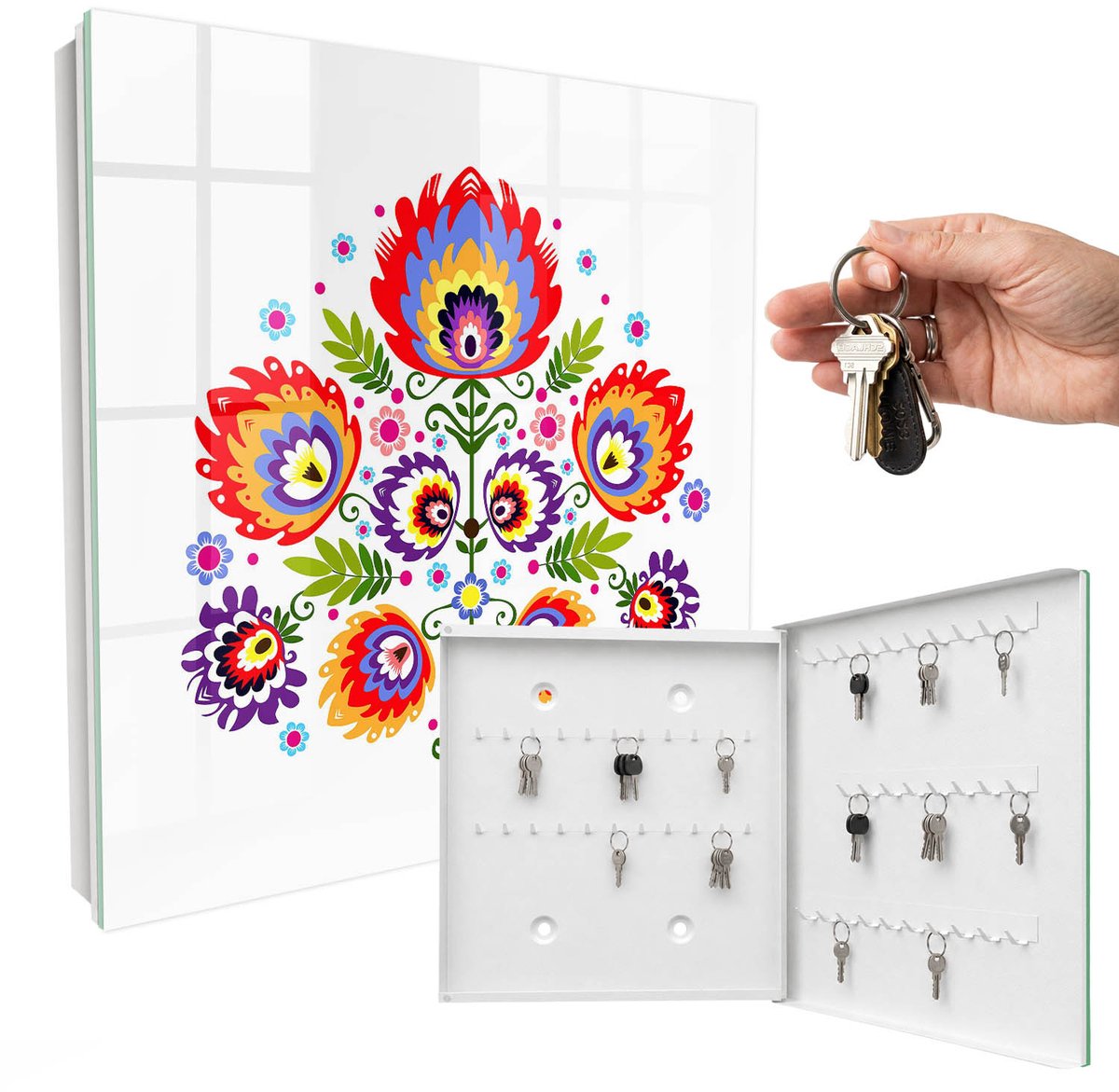 WallMuralia - Sleutelkast - 30x30x5 cm - met 50 haken - Volksbloemen Sleutelkastje Hal - Rood Sleutelbox - Rechtsopenend - Wit interieur
