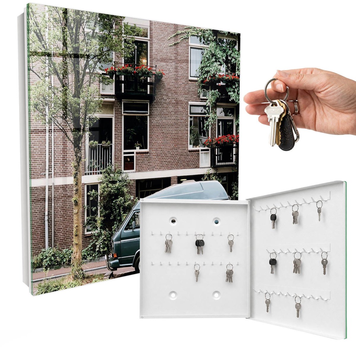 WallMuralia - Sleutelkast - 30x30x5 cm - met 50 haken - Stadslandschap Leuk Sleutelkastje - Bruin Sleutelbox - Rechtsopenend - Wit interieur
