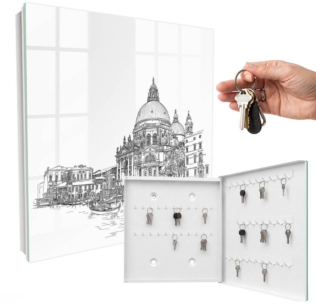 WallMuralia - Sleutelkast - 30x30x5 cm - met 50 haken - Venetiaanse Lijnen Sleutelkastje Design - Wit Sleutelbox - Rechtsopenend - Wit interieur