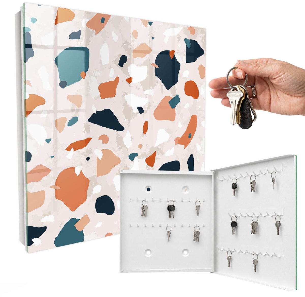 WallMuralia - Sleutelkast - 30x30x5 cm - met 50 haken - Kleurrijke Chaos Groot Sleutelkastje - Oranje Sleutelbox - Rechtsopenend - Wit interieur