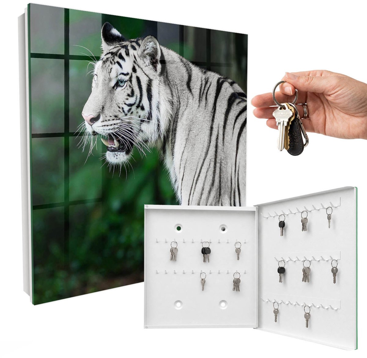 WallMuralia - Sleutelkast - 30x30x5 cm - met 50 haken - Witte Tijger Sleutelkastje Gang - Wit Sleutelbox - Rechtsopenend - Wit interieur