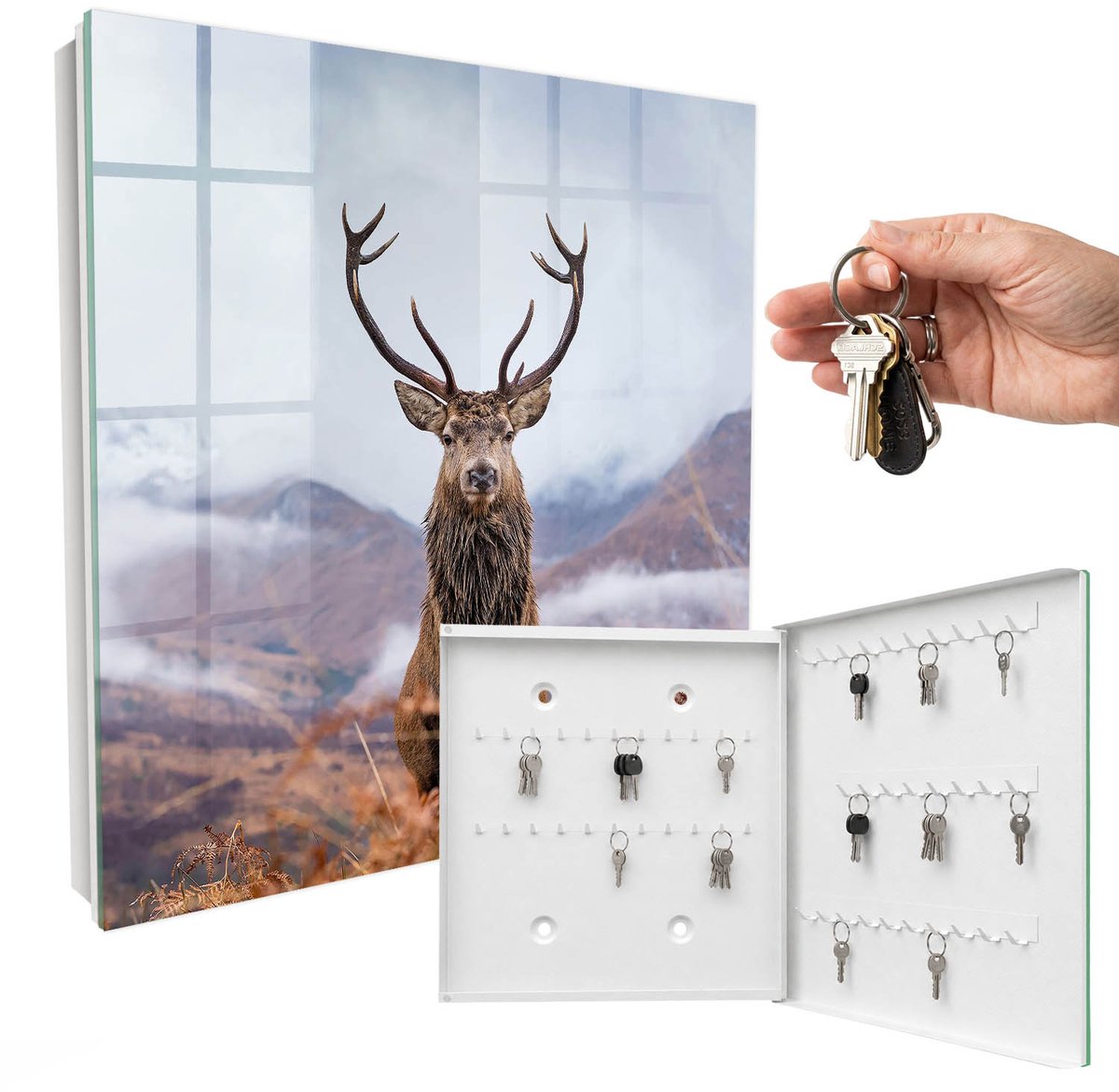 WallMuralia - Sleutelkast - 30x30x5 cm - met 50 haken - Berghert Sleutelkastje Hal - Bruin Sleutelbox - Rechtsopenend - Wit interieur
